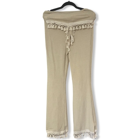 Cream Waffle/Knitted Tie Back Tassel Hem Tube Top & Wife Leg Pants Set | S | NWT - Picture 9 of 9